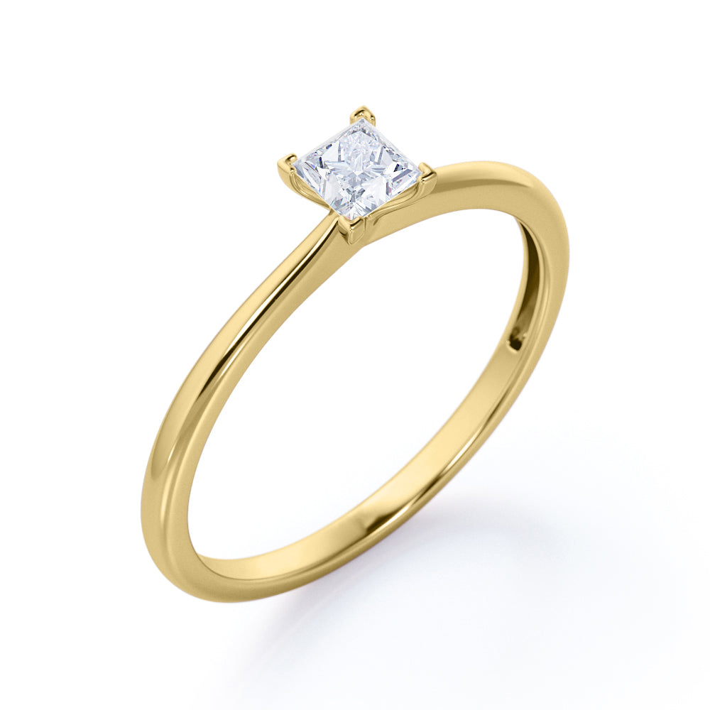 Elegant Solitaire 0.5 carat Princess cut Moissanite-cathedral setting-tapered shank engagement ring in White gold