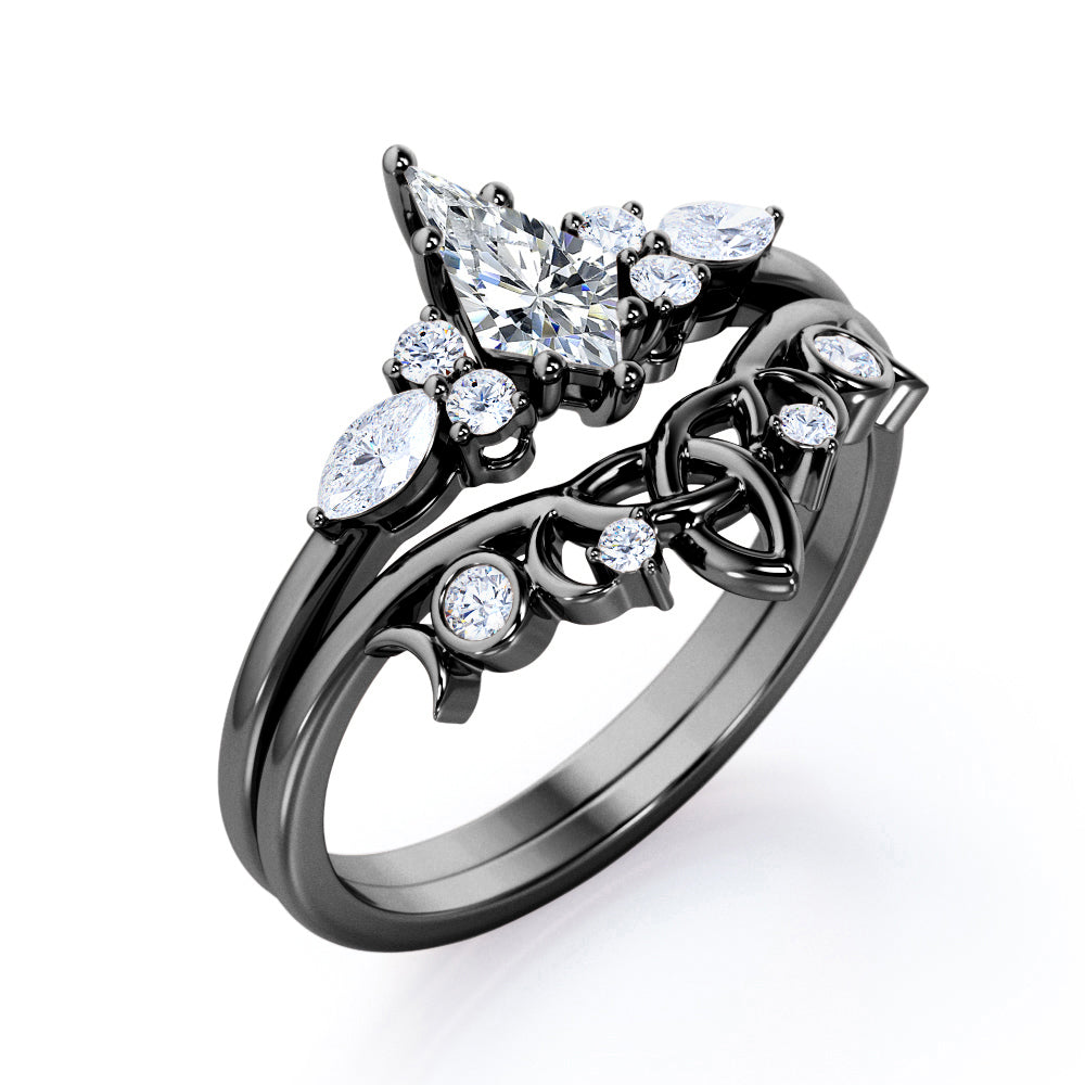 Triad Crown 1.25 carat Kite shaped Moissanite and diamond wedding ring set in rose gold