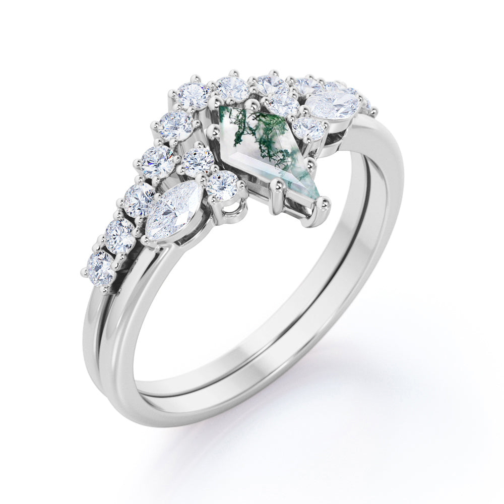 Floral Garland inspired 1.25 carat Kite shaped Moss Green Agate and diamond prong style wedding ring set in Yellow gold