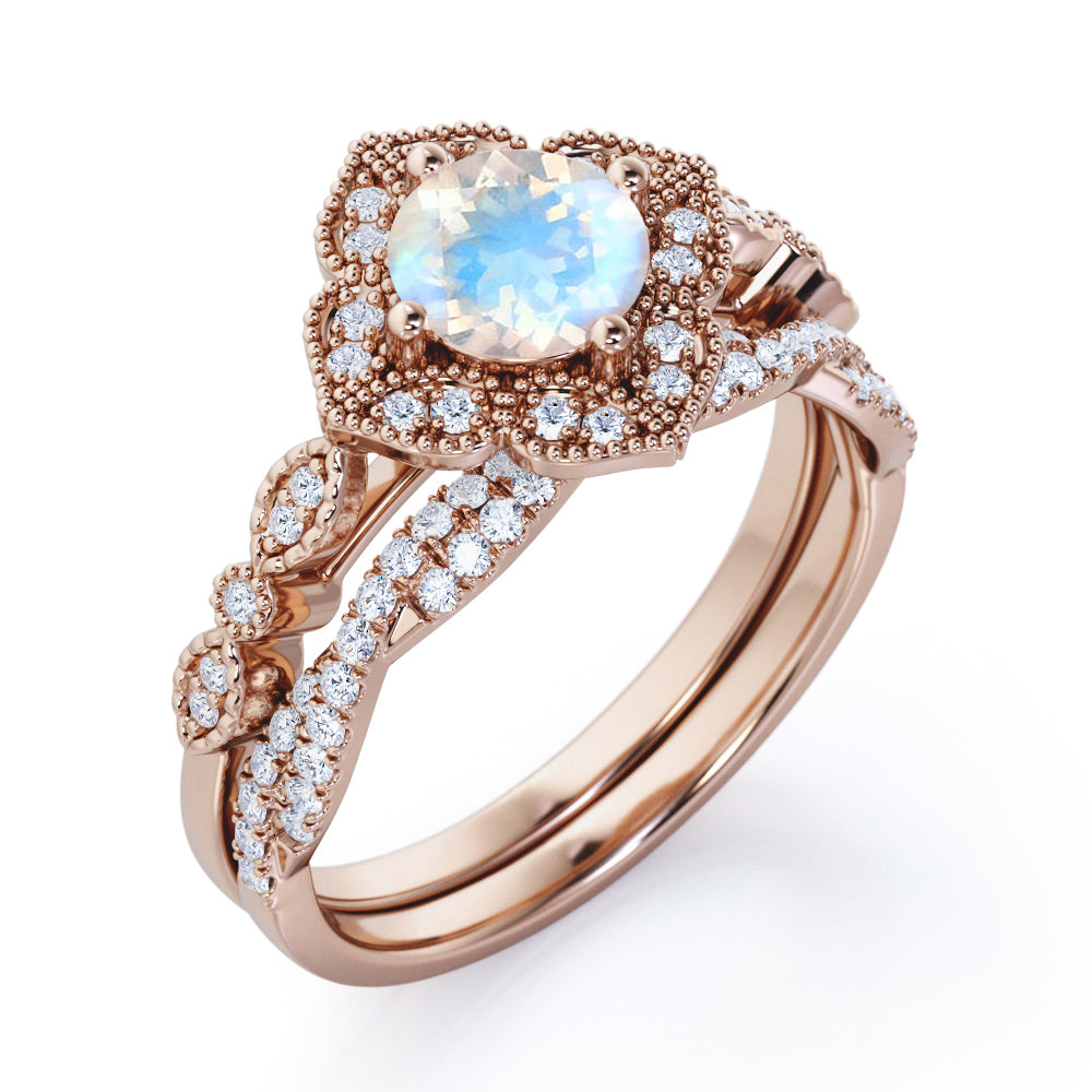 Vintage Flower inspired 1.75 carat Milgrain border Moonstone and half-infinity wedding ring set for her