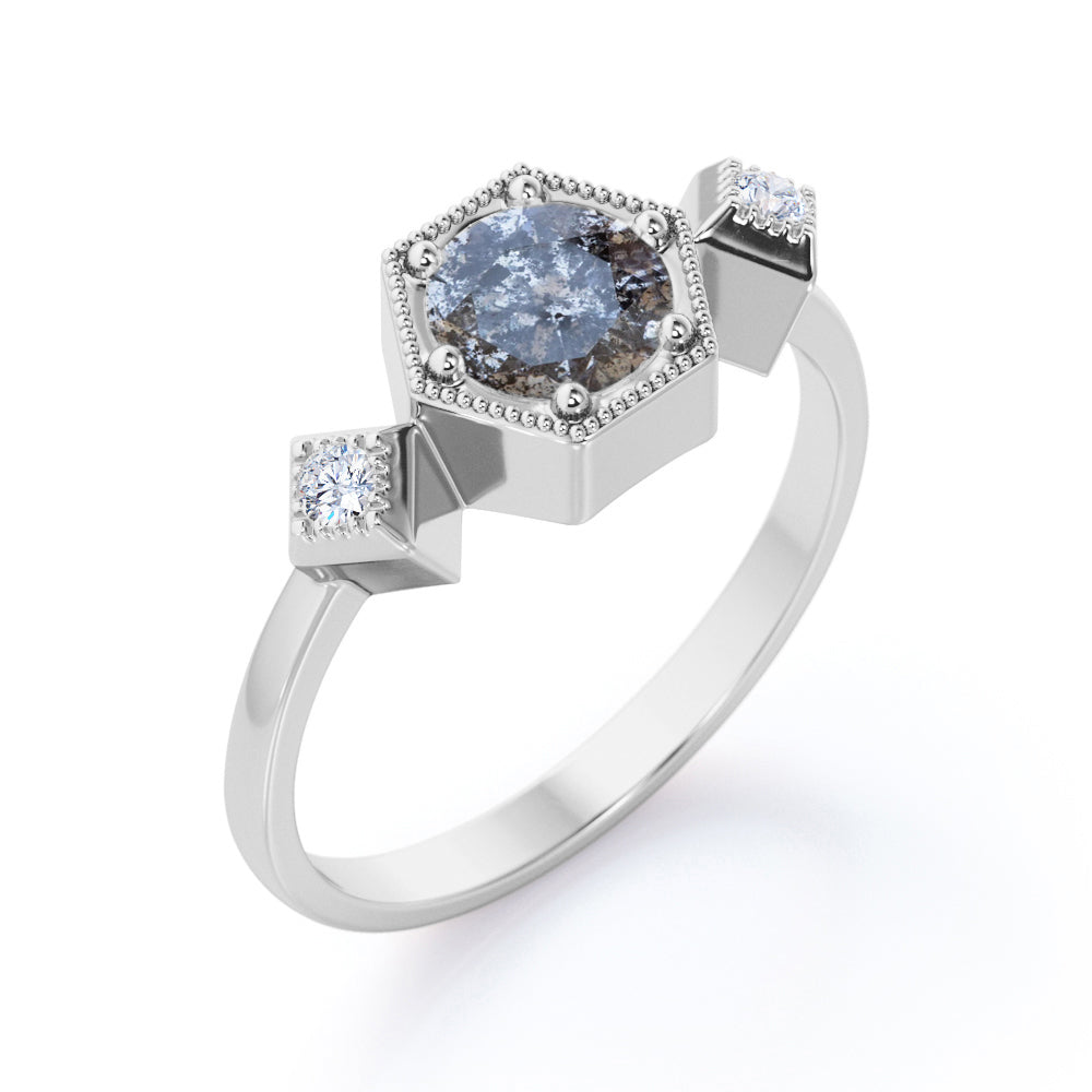Trio Bezel 0.6 carat Round cut Salt and pepper diamond and White diamond milgrain halo engagement ring in yellow gold