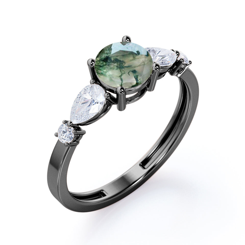 Vintage Five stones 1.2 carat Round cut Moss Green Agate and diamond 4 prong engagement ring in White gold