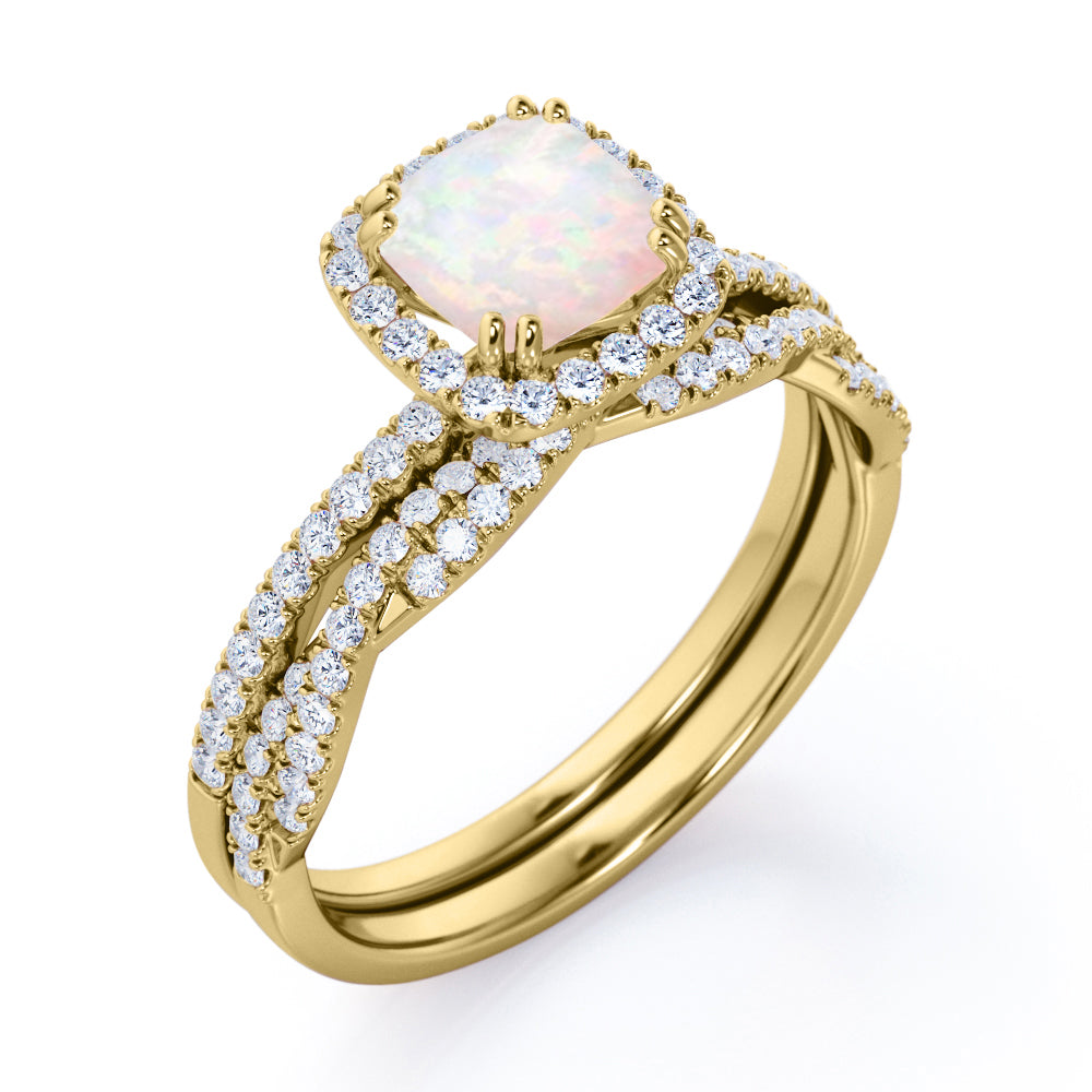 Vintage 1.6 carat Cushion cut Fire Opal and diamond Twisted infinity Wedding ring set in White gold