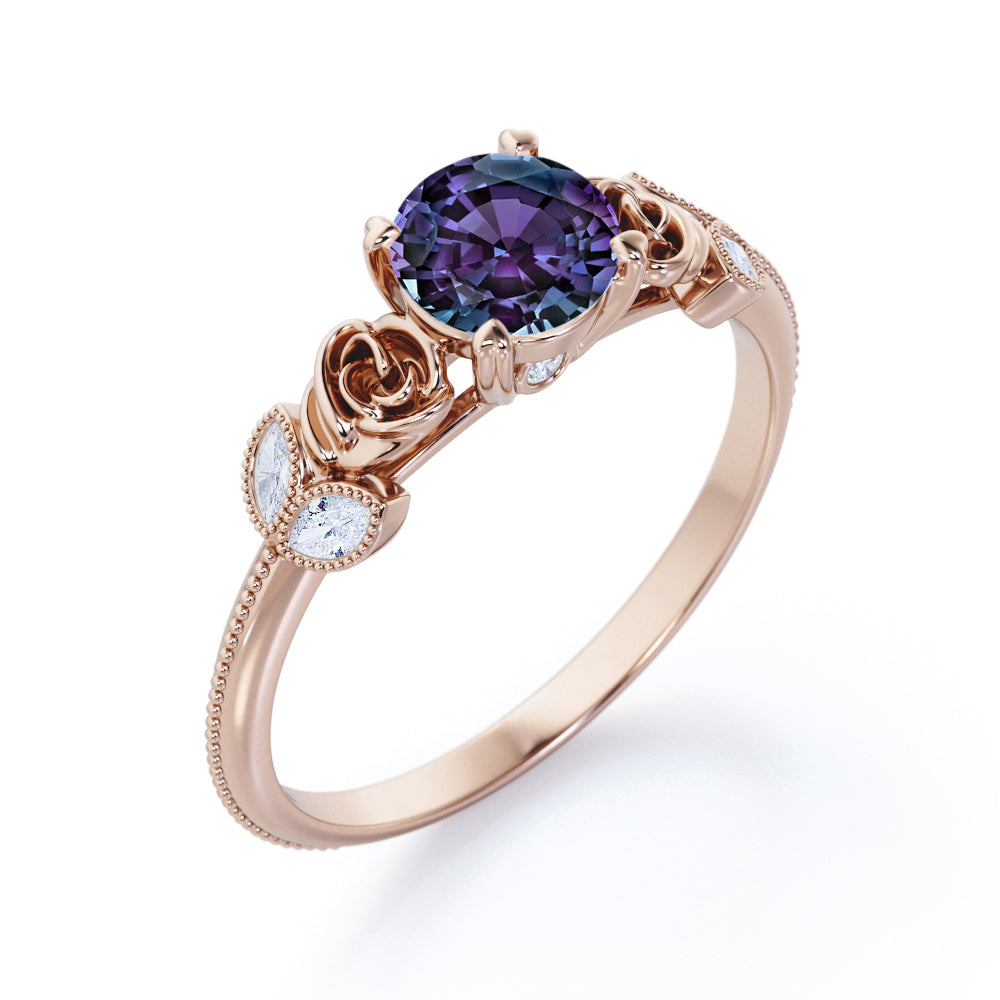 Vintage flowers 1.15 carat Round cut Lab created Alexandrite and diamond milgrain style engagement ring in White gold