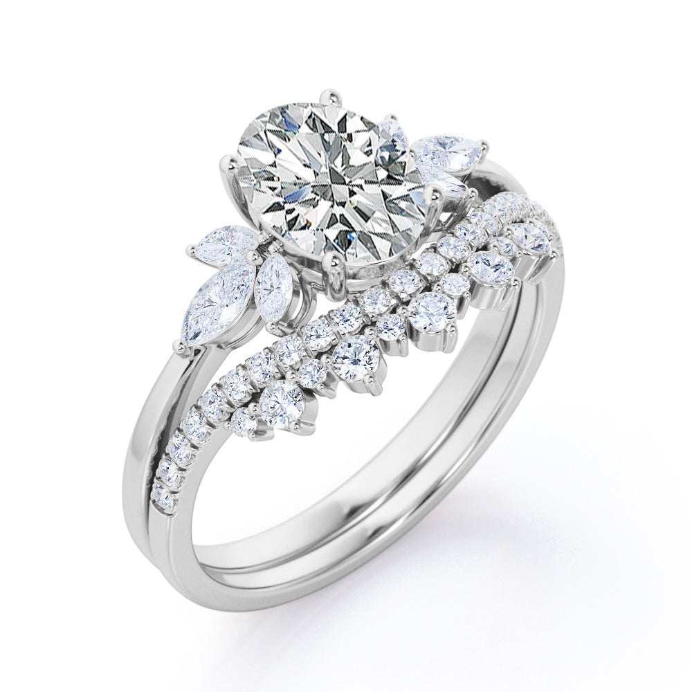 Vintage Sparkle 1.4 carat Oval cut Moissanite and diamonds chevron Bridal set for her in White gold