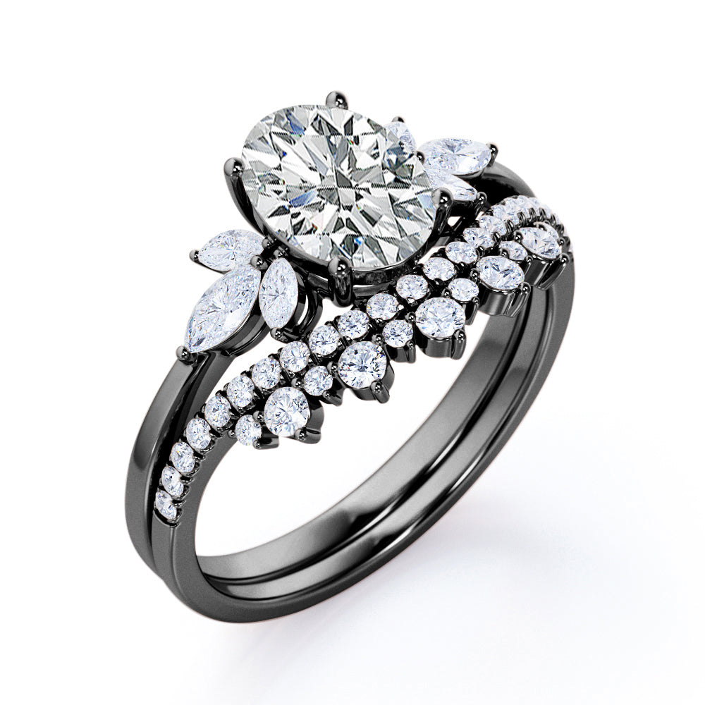 Vintage Sparkle 1.4 carat Oval cut Moissanite and diamonds chevron Bridal set for her in White gold