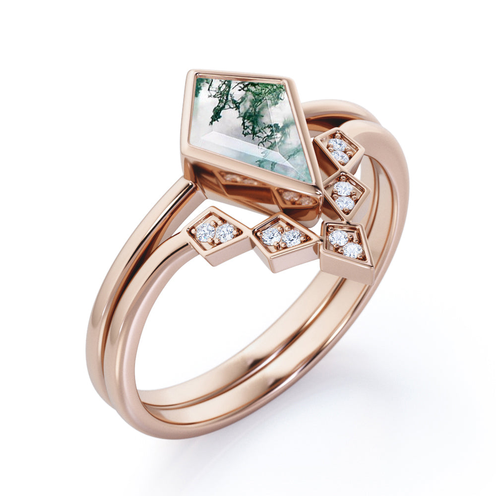 Bezel Chevron 1.1 carat Kite shaped Moss Green Agate and diamond anniversary ring in White gold-engagement ring