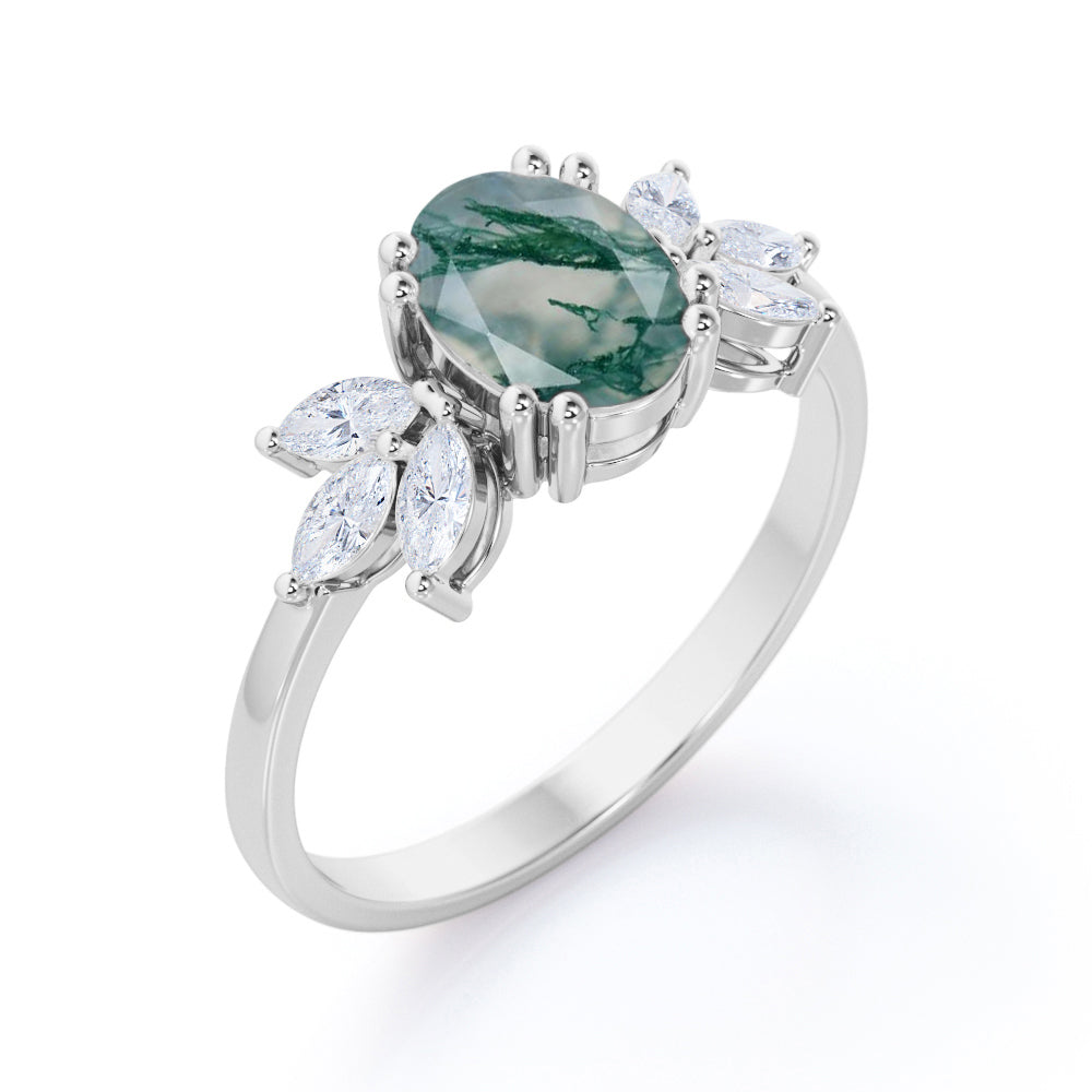 Double prong style 1.15 carat Oval cut Moss Green Agate and diamond seven stone engagement ring in yellow gold