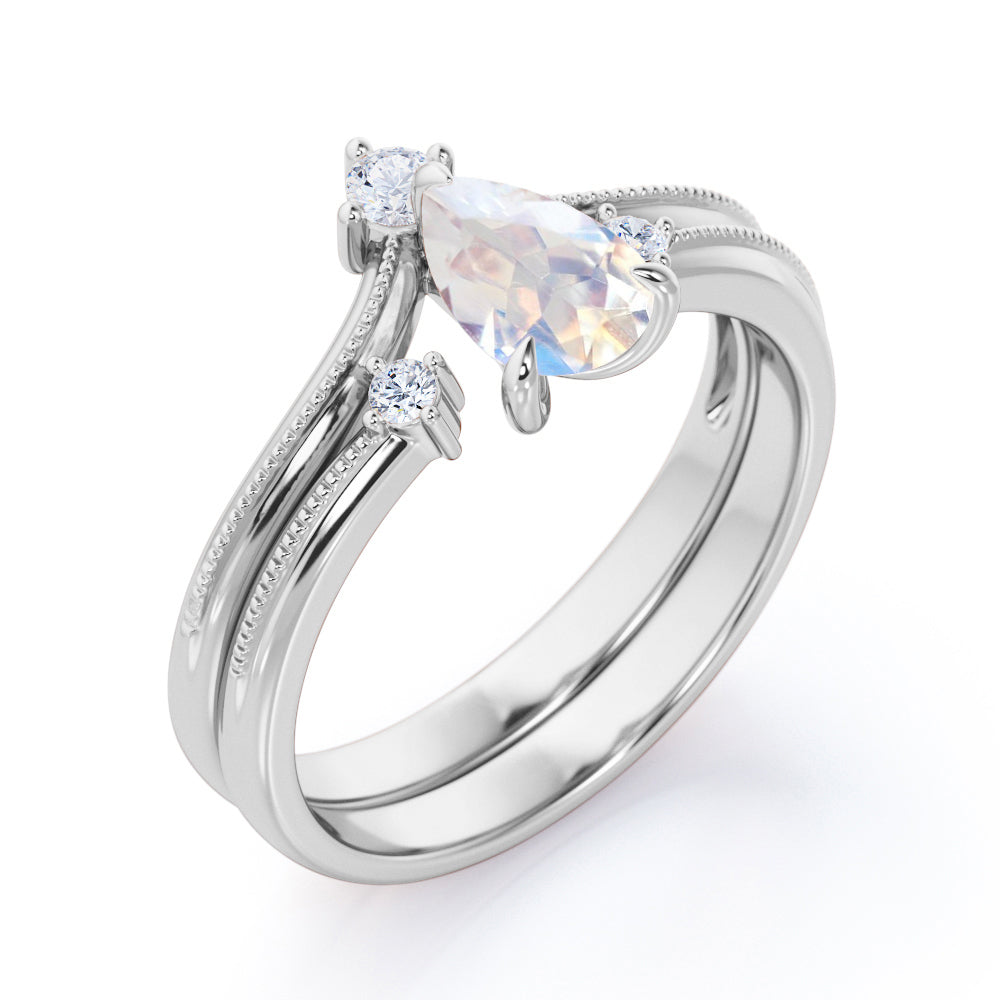 Chevron 1.1 carat V-shape Pear cut Moonstone and Diamond Milgrain Wedding ring set in White gold