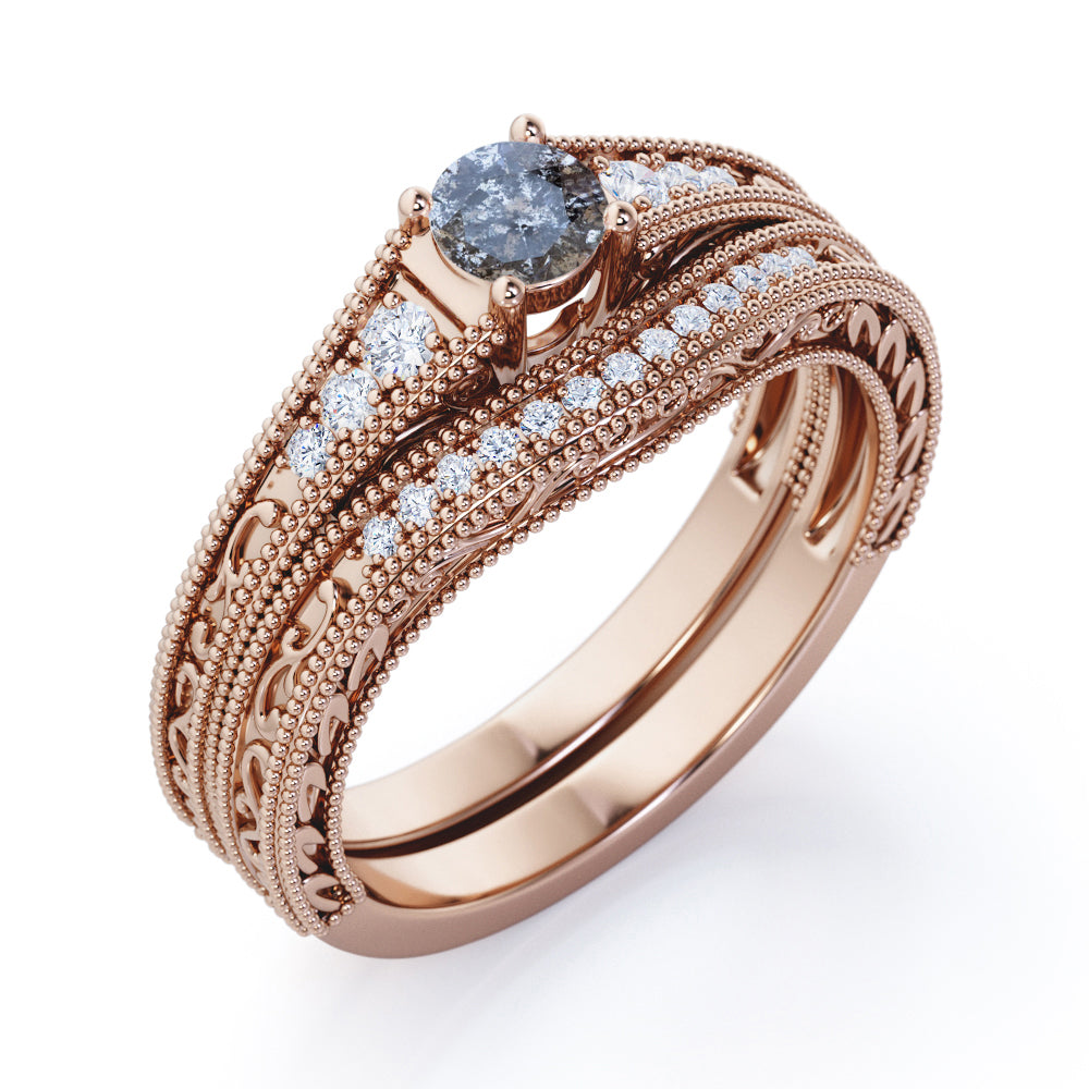 Contoured filigree 0.8 carat Round cut Salt and pepper diamond and White diamond vintage chevron wedding ring set in white gold