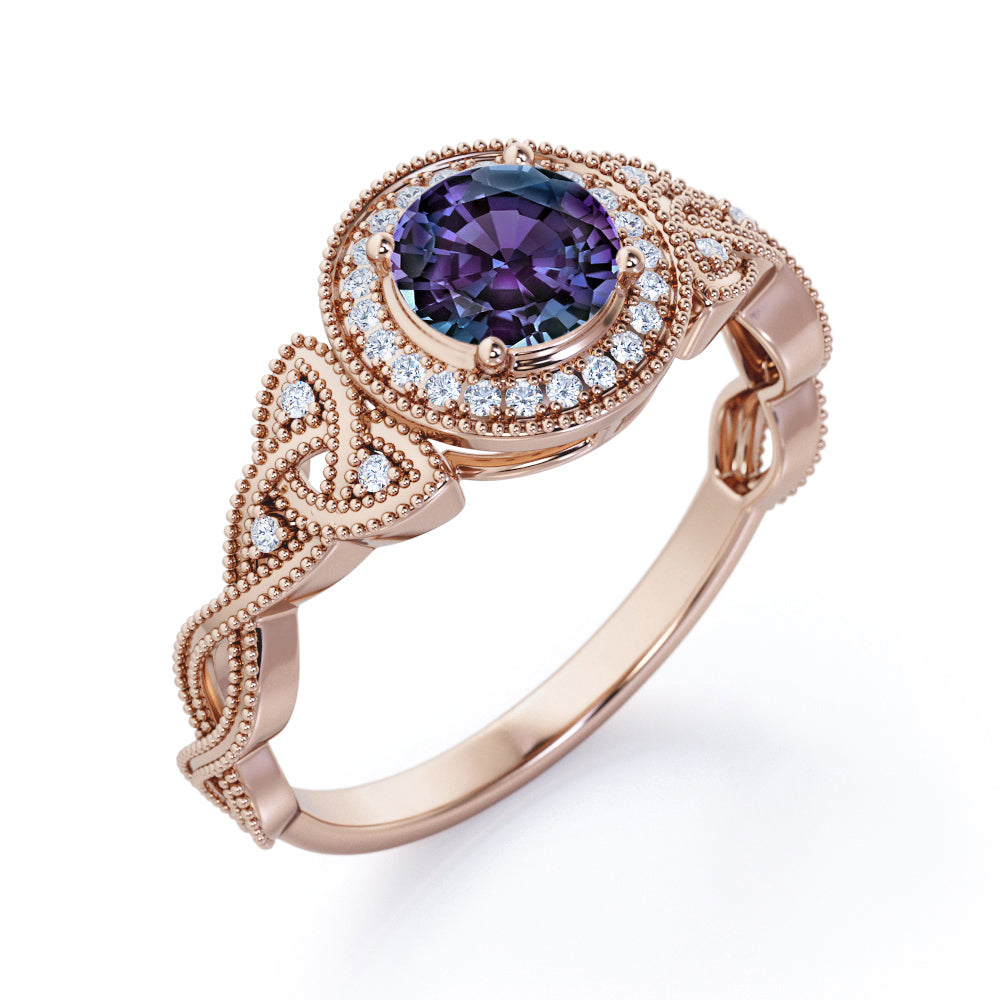 Exquisite halo 1.5 carat Round cut Lab made Alexandrite and diamond-floral patterns-engagement ring in White gold