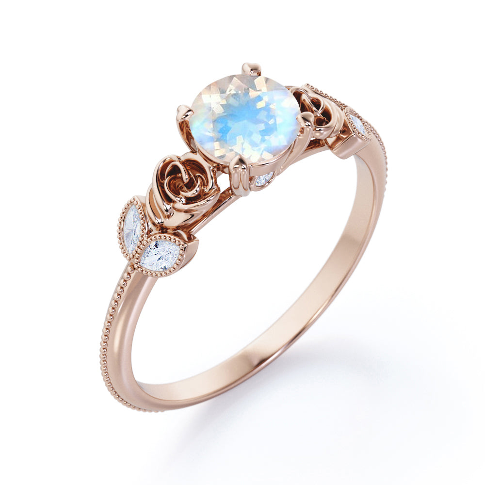 Vintage Rose 1.1 carat Round cut Blue Moonstone and marquise diamond engagement ring in White gold