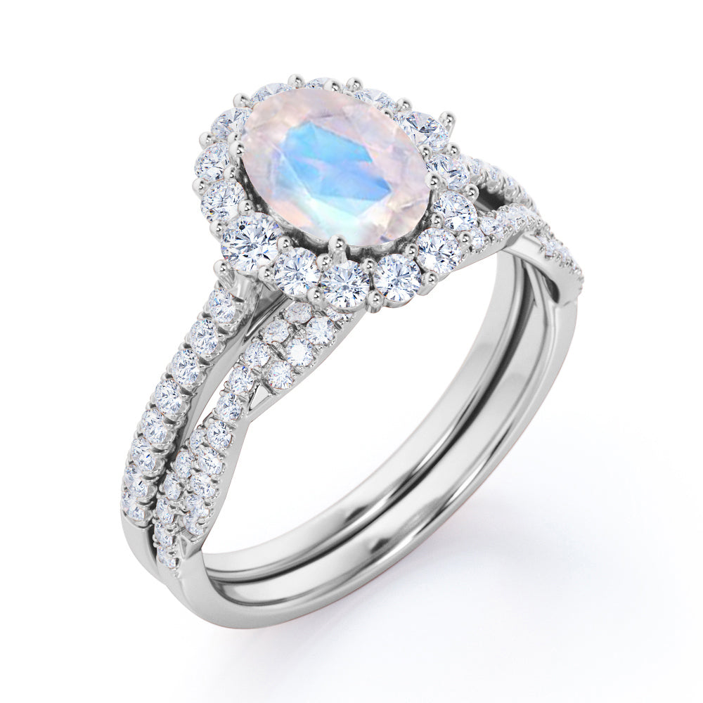 Cluster Halo 1.75 carat Oval cut Moonstone and Diamond Vintage Bridal set for women