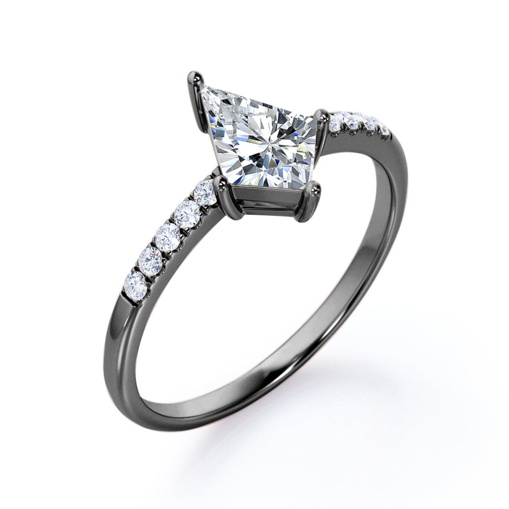 Pave style 1.1 carat Kite shaped Moissanite and diamond classic style engagement ring in white gold