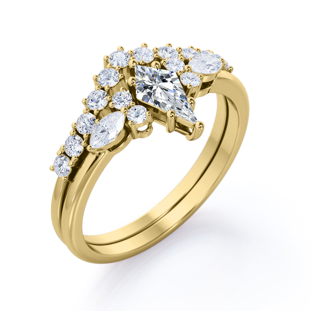 Prong style 1.40 carat Kite shaped Moissanite and diamond vintage inspired Bridal set in Rose gold