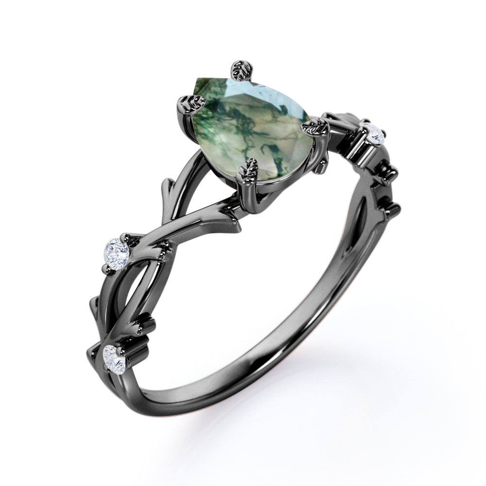 Solitaire Vine 1.1 carat Pear shaped Moss Green Agate and diamond nature inspired engagement ring in White gold