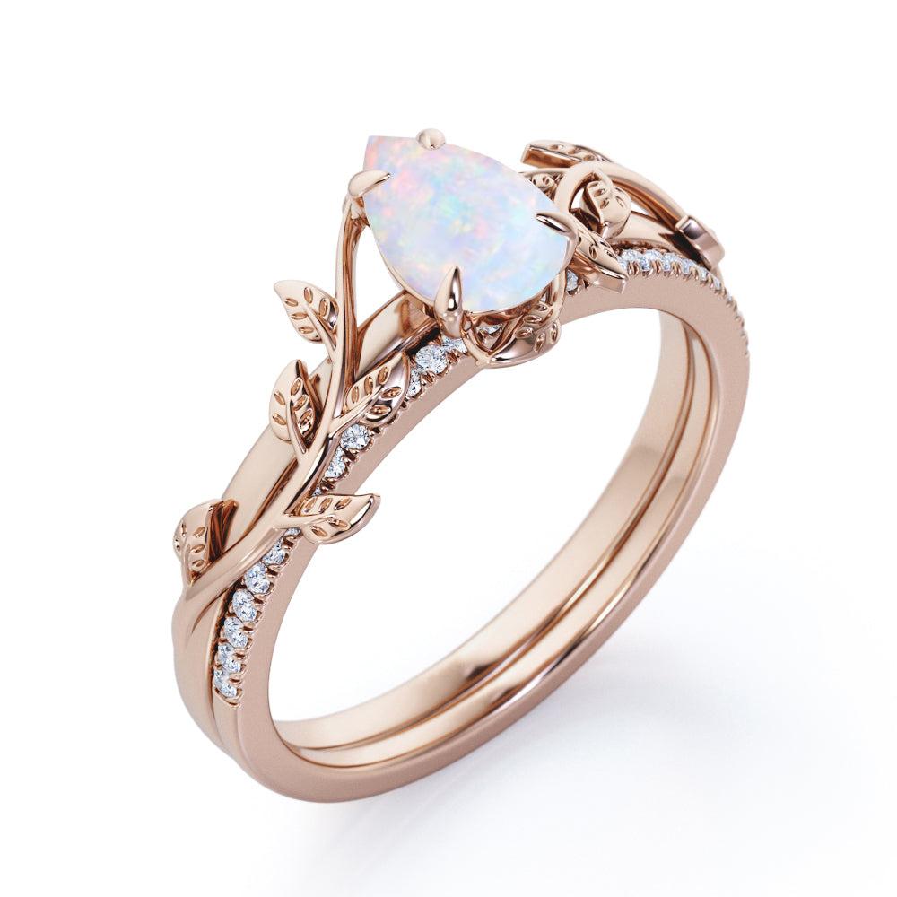 Olive leaf Vine 1.25 carat Pear shaped Ethiopian Opal and diamond Vintage Bridal ring set for her