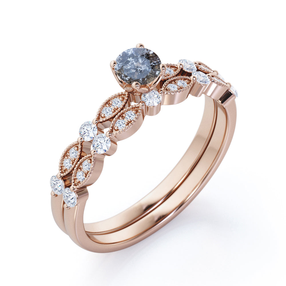 Vintage Marquise and dot style 0.75 carat Round cut Salt and pepper diamond and White diamond cathedral setting wedding ring set in yellow gold
