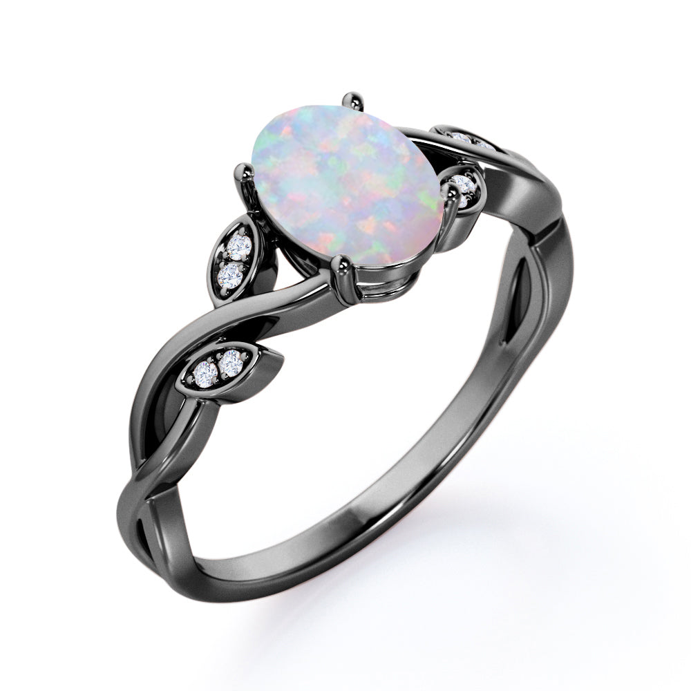 Twisted vine and leaf 1.10 carat Oval cut Opal and diamond infinity engagement ring in White gold