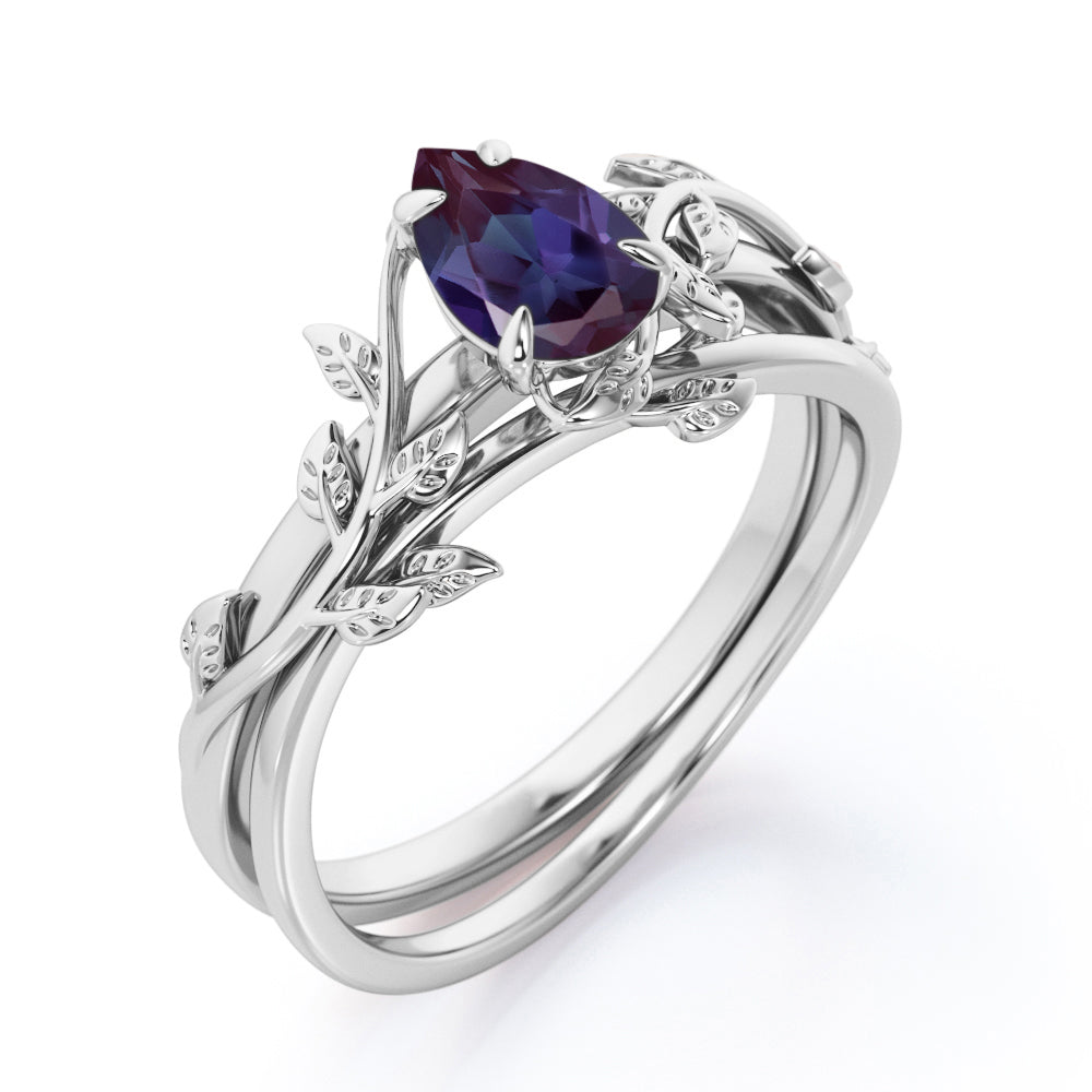 Leaf and Branch 1 carat Pear shaped man made Alexandrite and diamond prong set wedding ring set for women in White gold