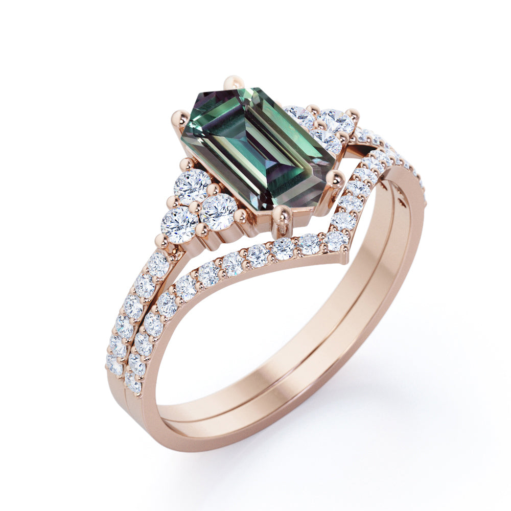 Pave Chevron 1.7 carat Hexagon shaped Lab made Alexandrite and diamond wedding ring set for her in White gold