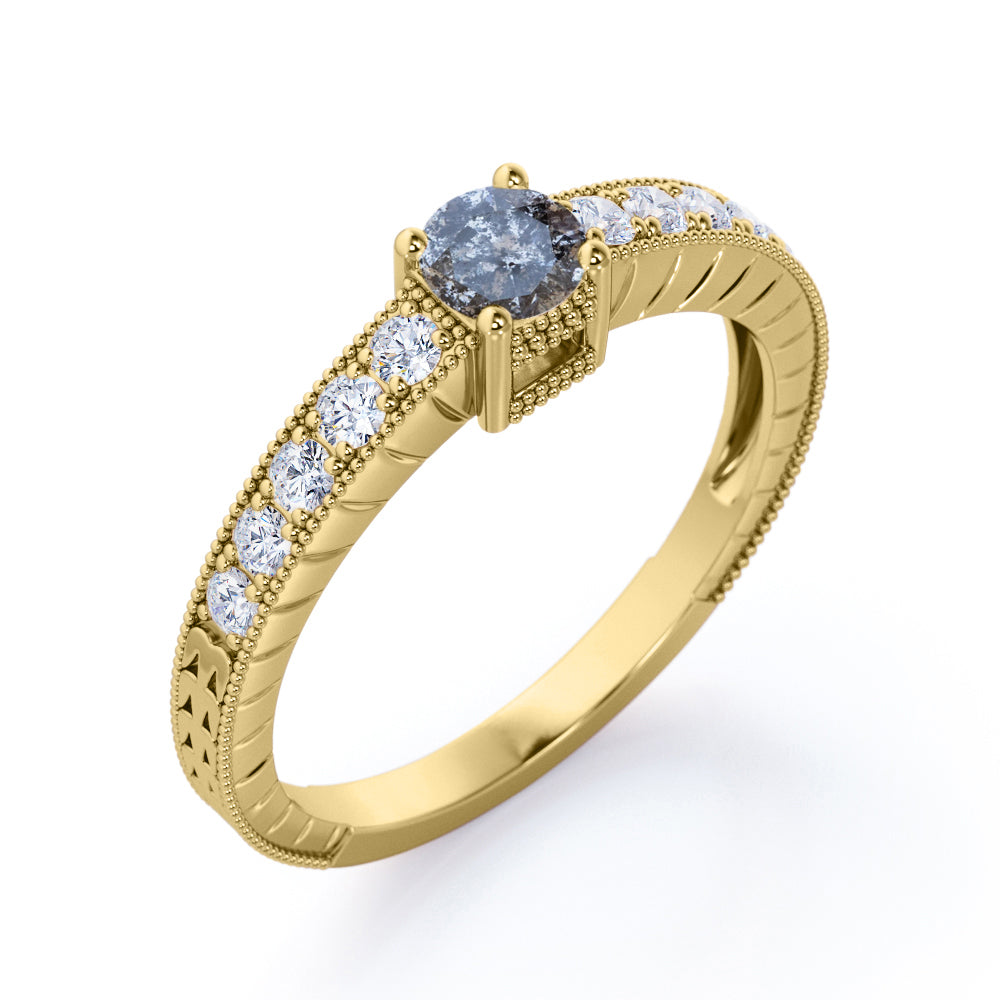 Art nouveau inspired 0.7 carat Round cut salt and pepper diamond and White diamond milgrain engagement ring in rose gold