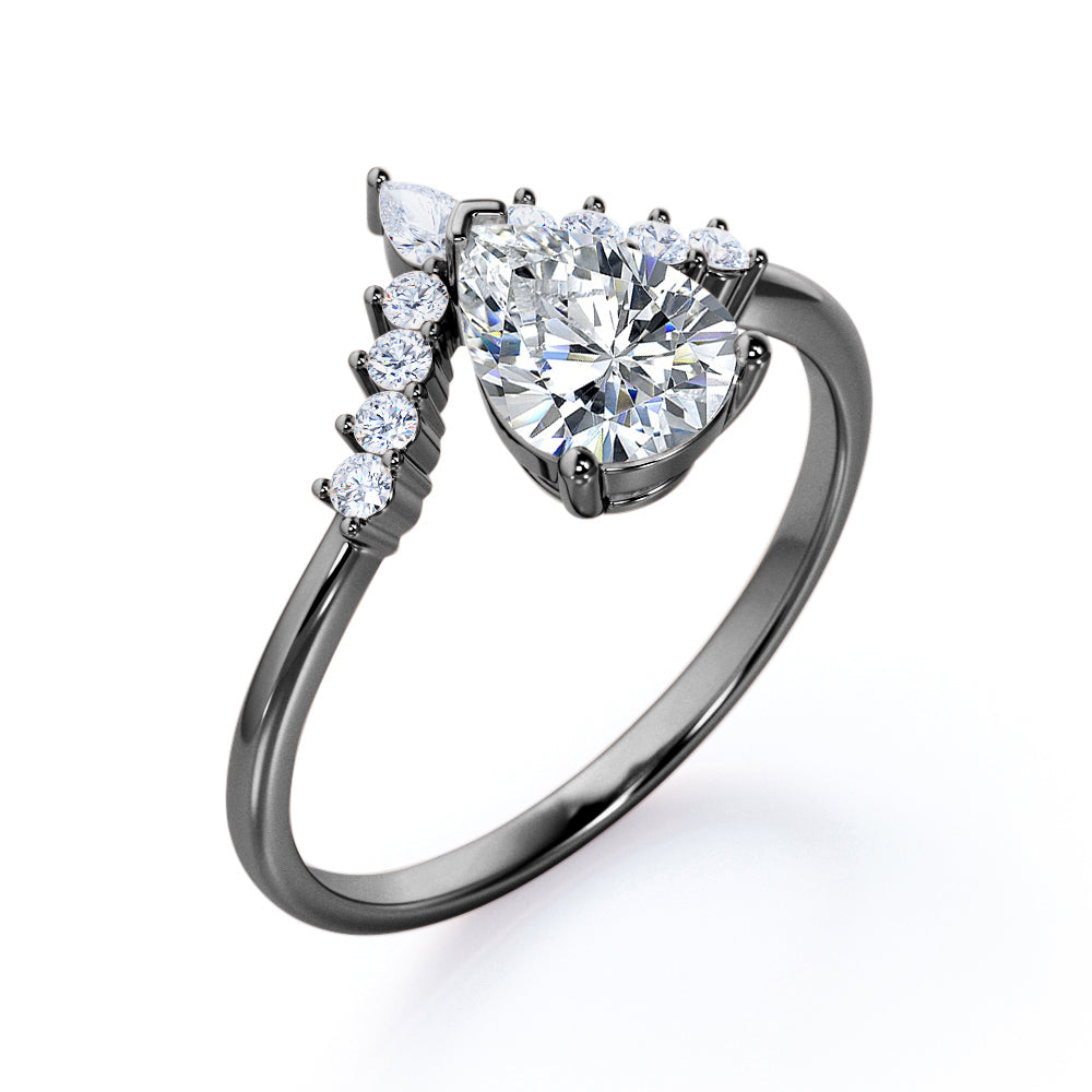 Antique V-shaped 1.15 carat Pear cut Moissanite and diamond engagement ring in White gold