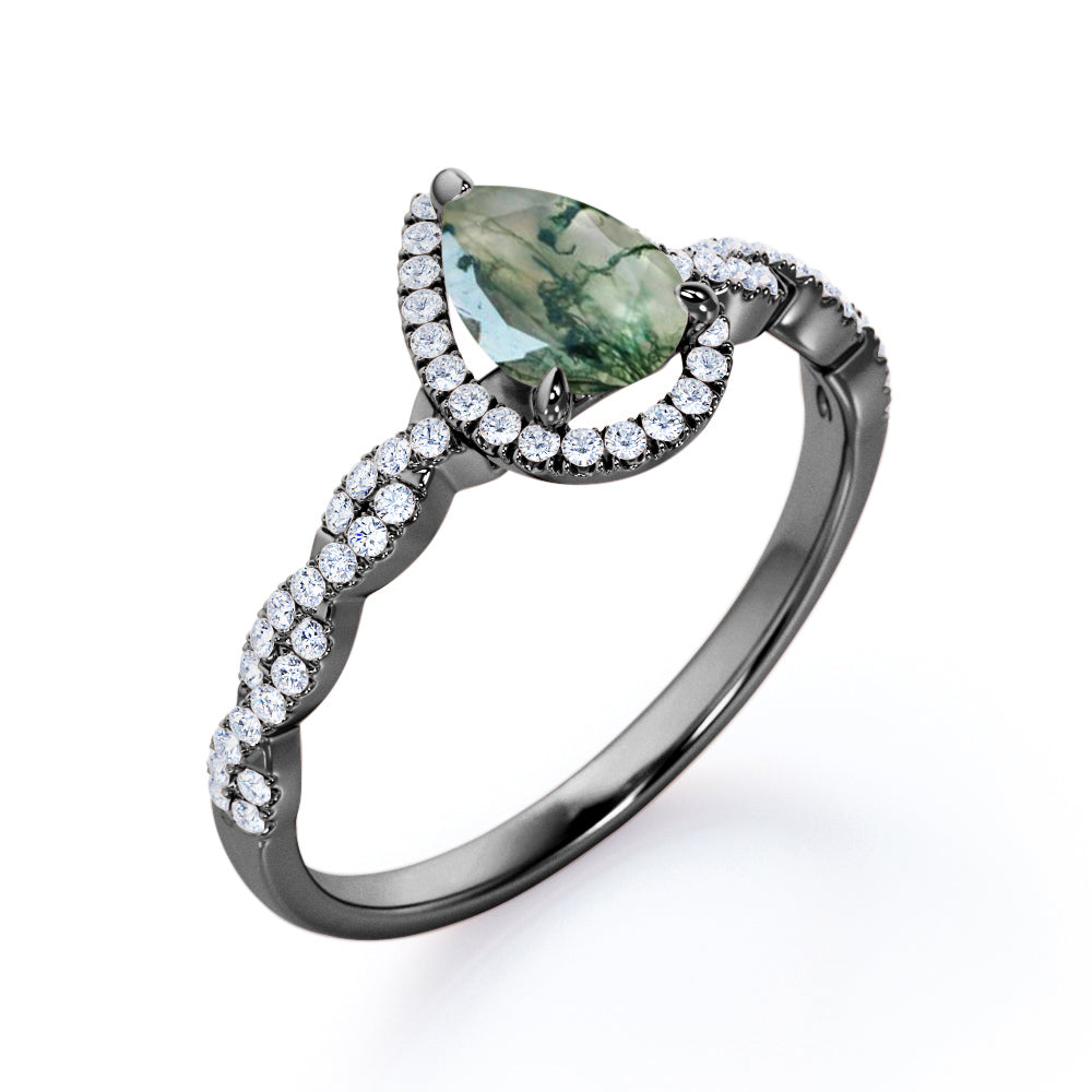 Stylish twisted style 1.5 carat Pear cut Moss Green Agate and diamond infinity halo engagement ring in Rose gold