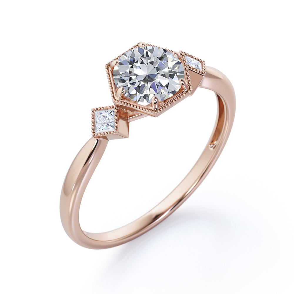 Trilogy Milgrain 1 carat Round cut Moissanite and diamonds tapered shank engagement ring in White gold