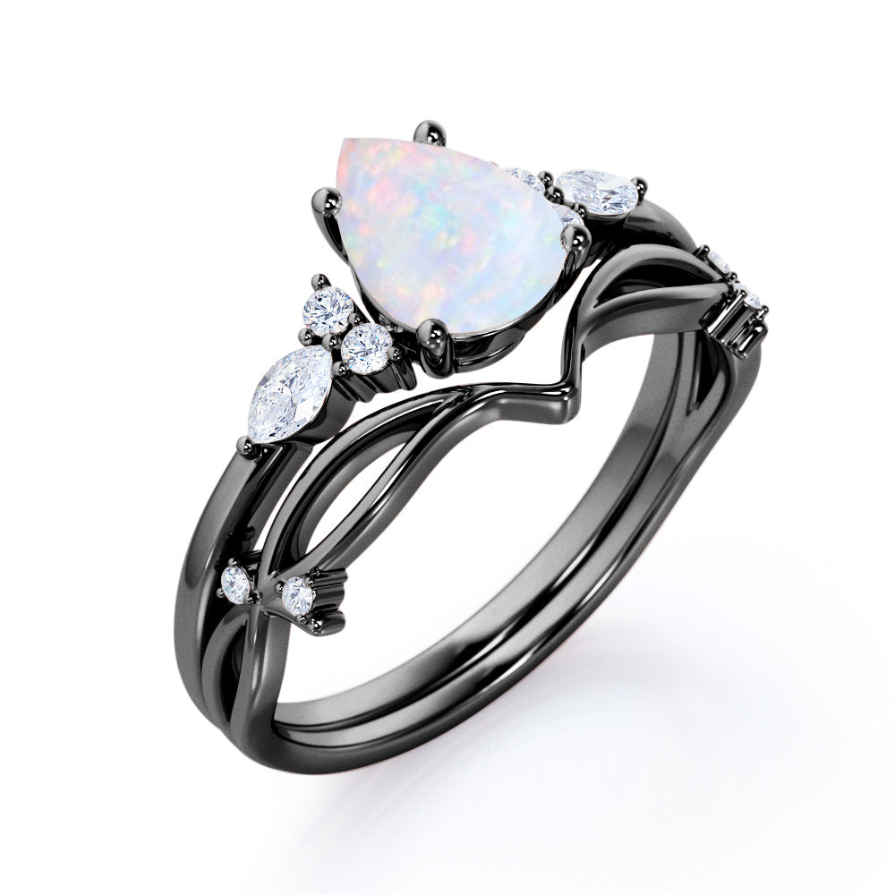 Vintage art deco 1.3 carat Pear shaped Australian Opal and diamond-split shank-contoured wedding ring set for women in White gold