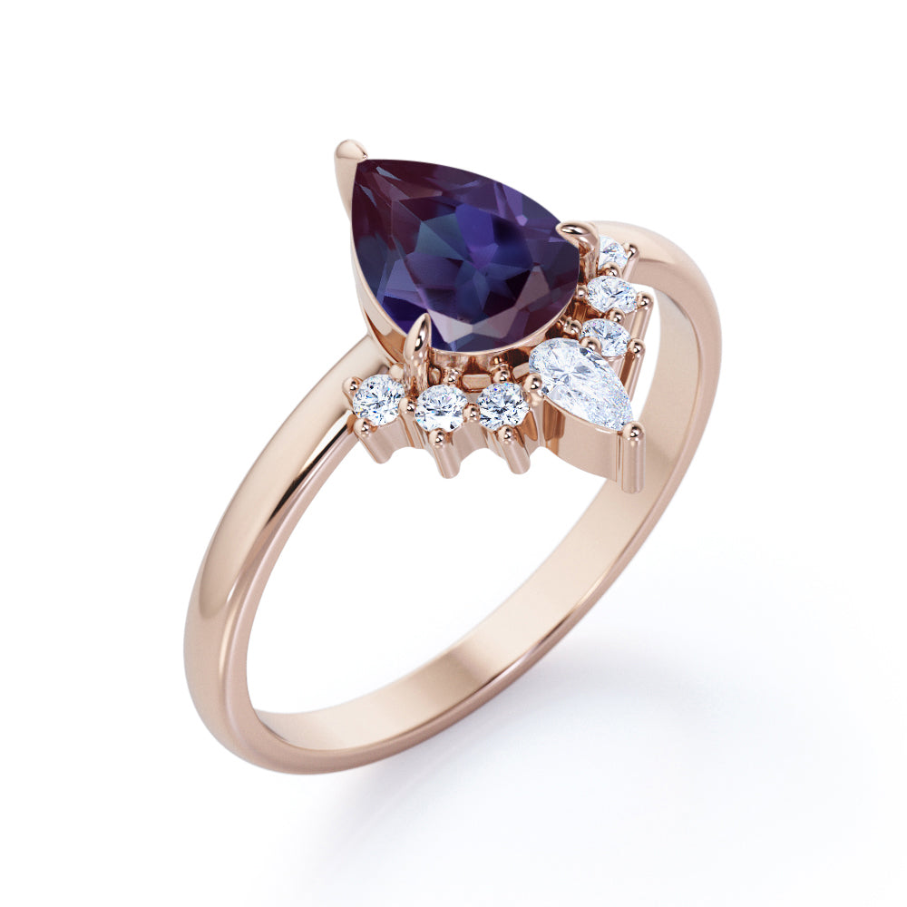 Elegant tiara 1.15 carat Pear shaped Lab made Alexandrite and diamond 3 prong engagement ring in White gold