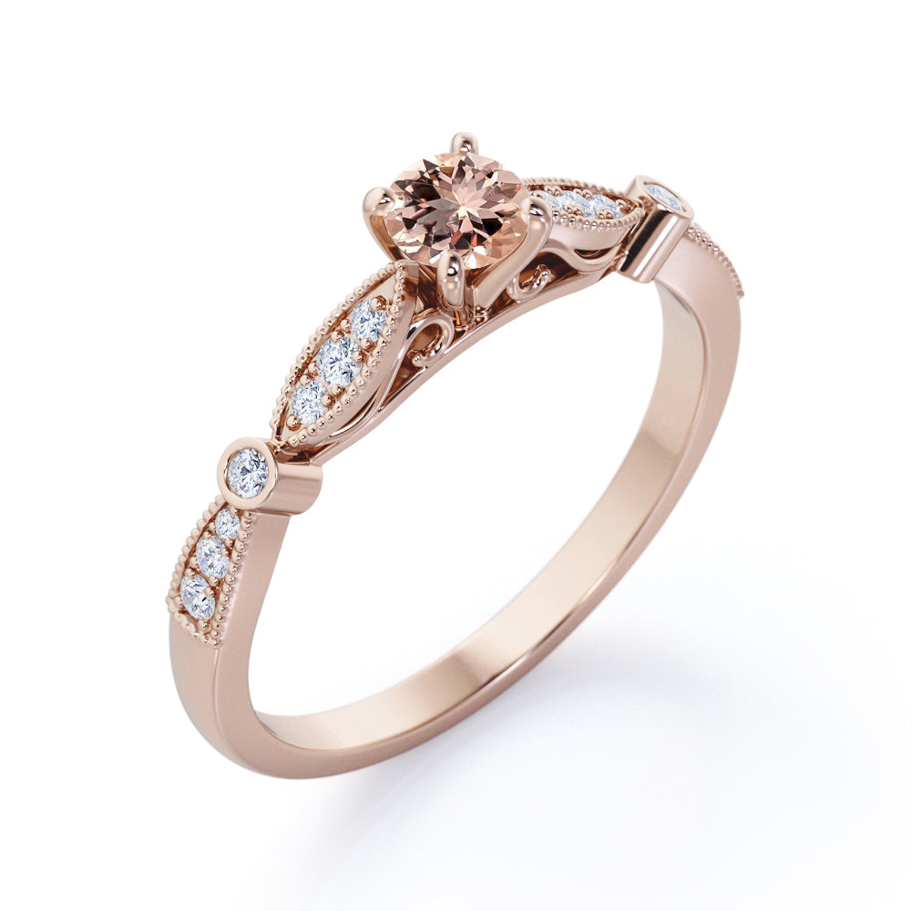 Timeless 0.75 carat Round cut Peach pink Morganite and diamond pinched shank engagement ring in White gold