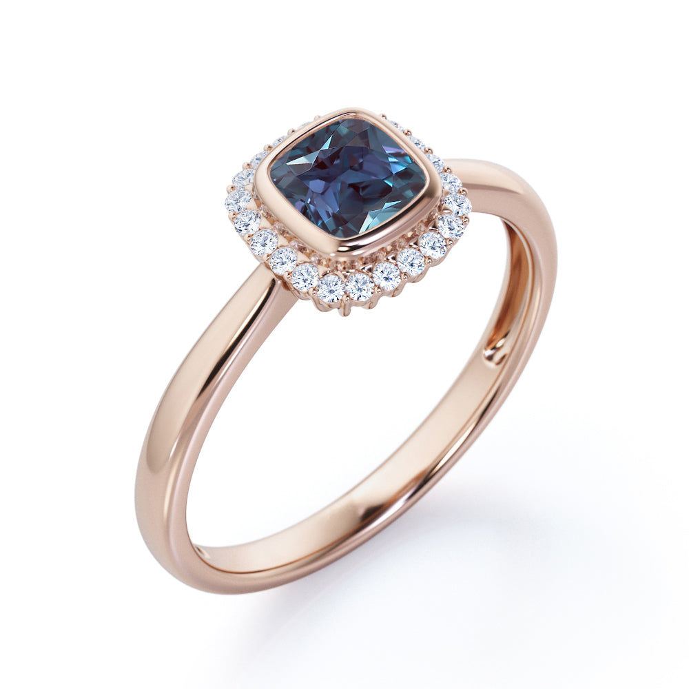 Vintage Floral 1.25 carat Cushion cut Lab made Alexandrite and diamond halo style engagement ring in White gold