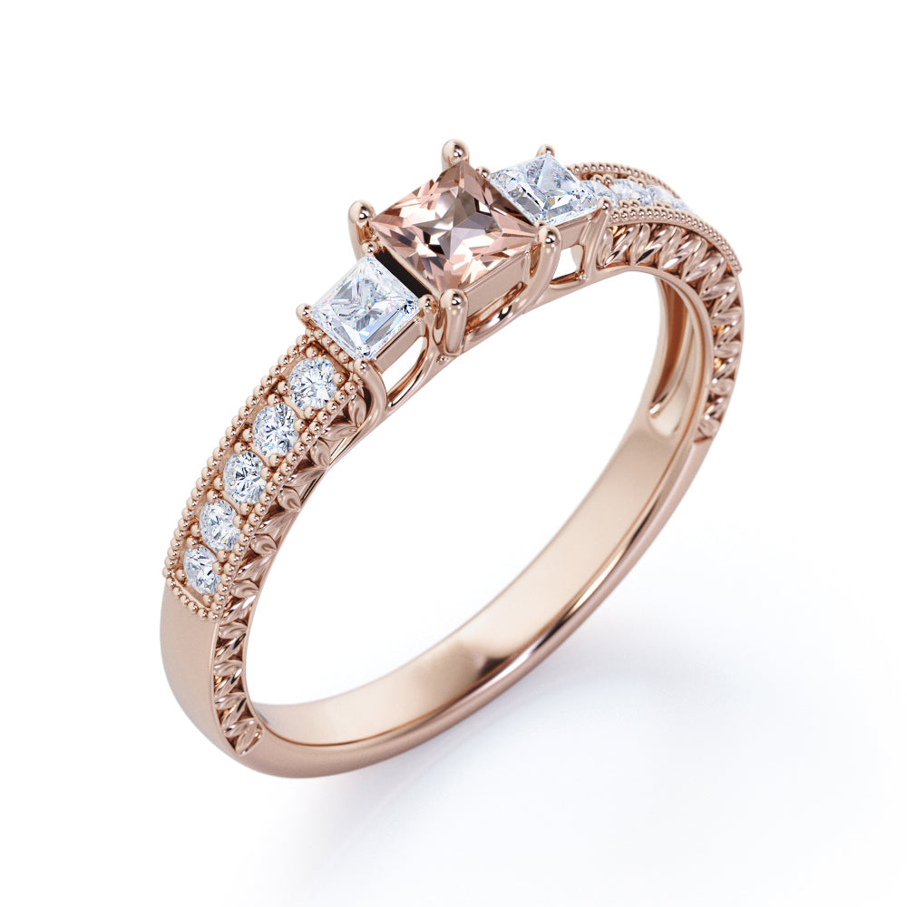 Petite Milgrain 0.75 carat Princess cut Morganite and diamond 3 stone engagement ring in White gold