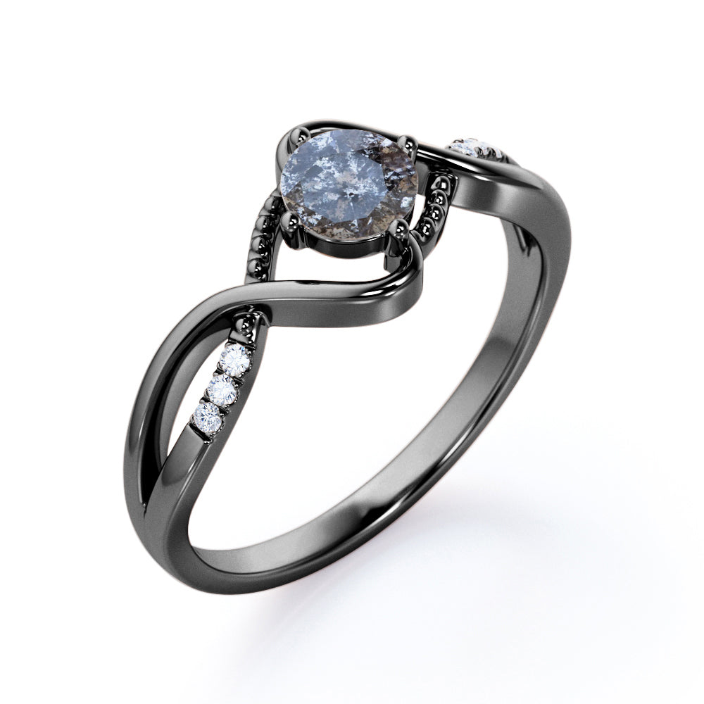 Infinity Milgrain 0.6 carat Round cut Salt and pepper diamond twisted shank engagement ring in White gold