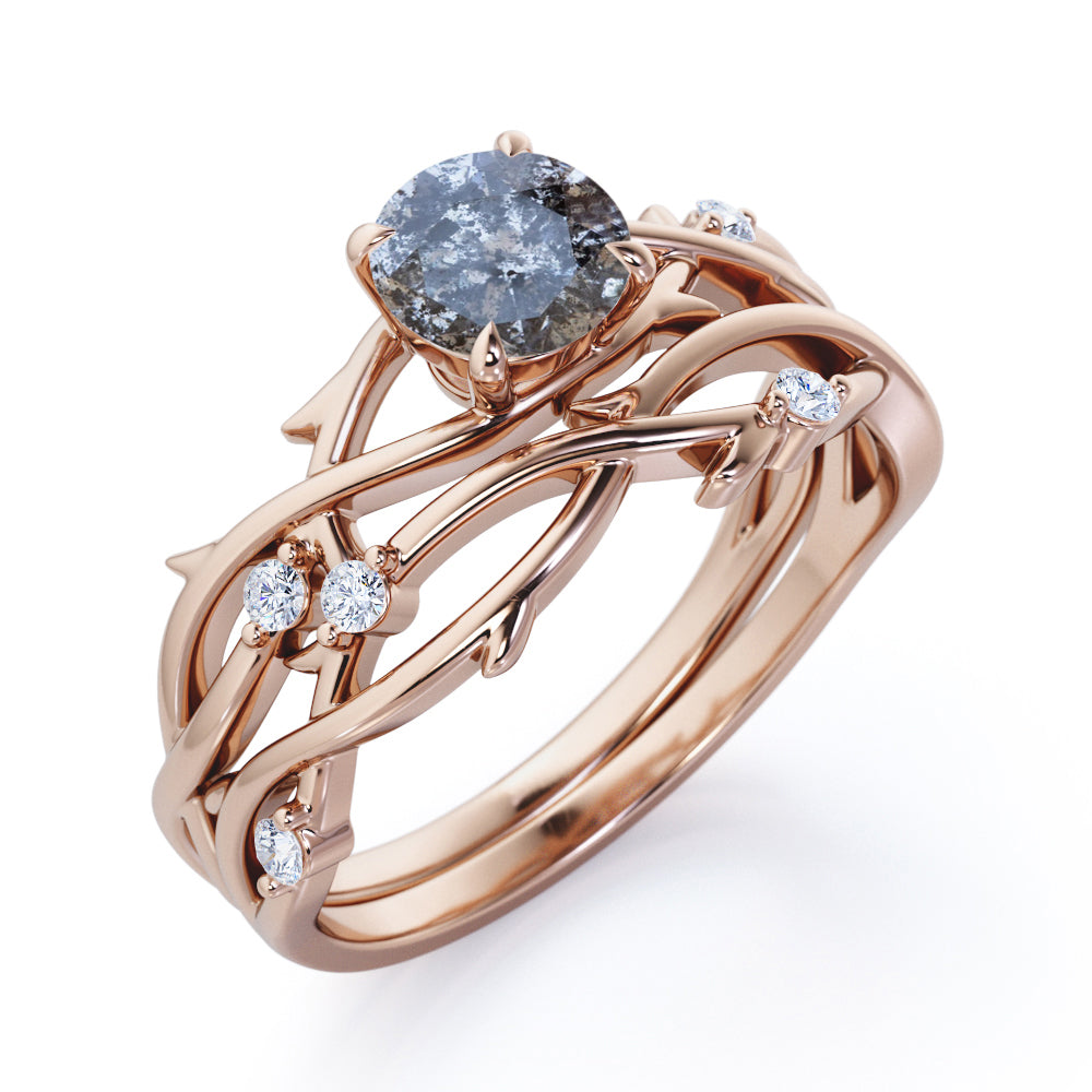 Artistic Vine 0.6 carat Round cut Salt and pepper diamond and White diamond twisted branch wedding ring set in White gold