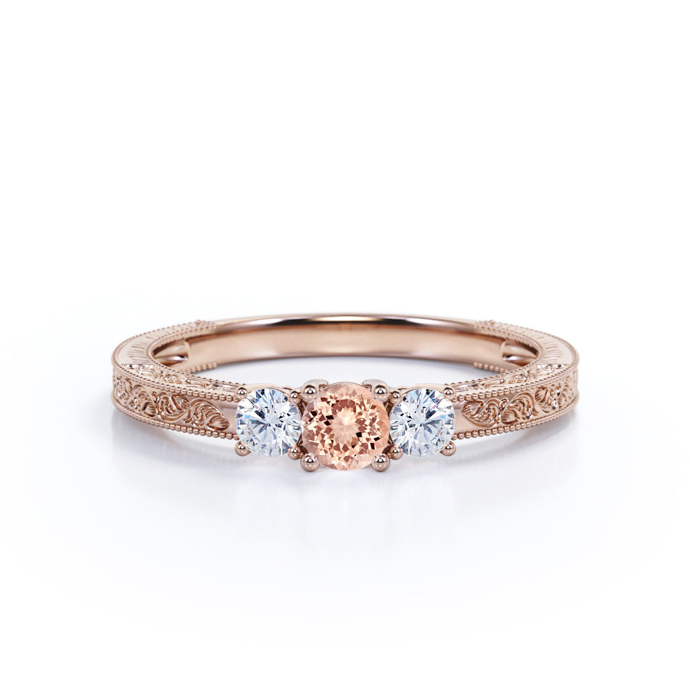 Vintage Milgrain 1.1 carat Round cut Peach Morganite and diamond victorian filigree - three stone engagement ring in White gold