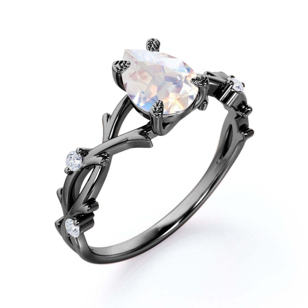 Forest themed Design 1.1 carat Pear cut Moonstone and diamond branchlet engagement ring in Rose gold