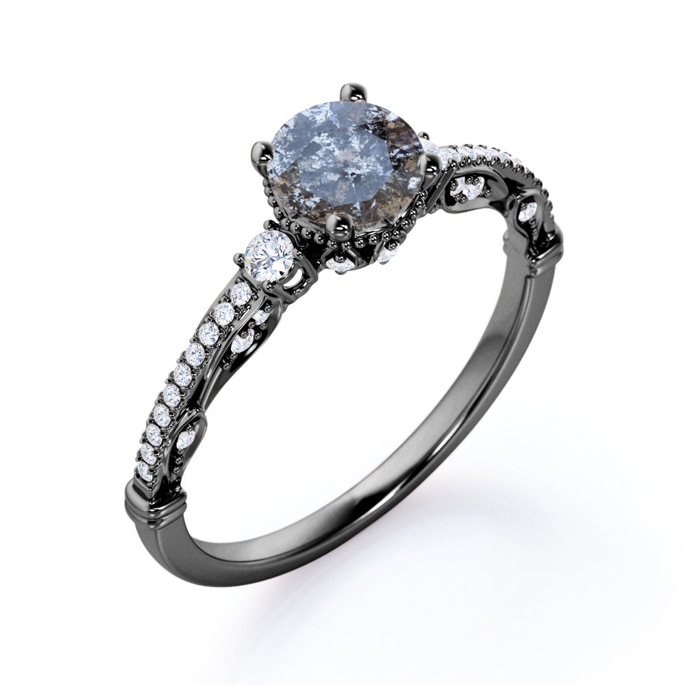 0.8 carat Round cut Salt and pepper diamond and White diamond-art deco-pave set engagement ring in White gold
