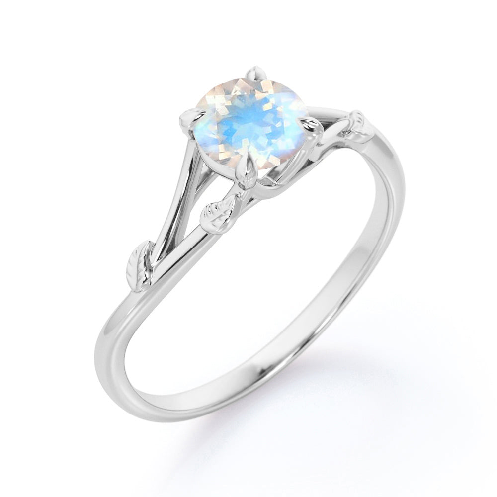 Vine Split Shank 1 carat Round cut Rainbow Moonstone nature inspired engagement ring in Black gold