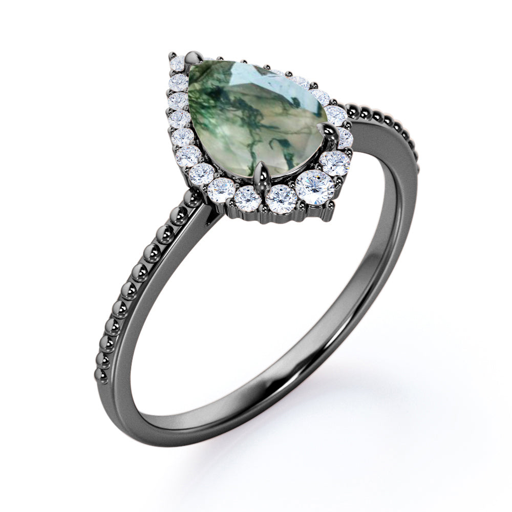 Royal inspired 1.2 carat Pear shaped Moss Green Agate and diamond Milgrain and halo engagement ring in Rose gold