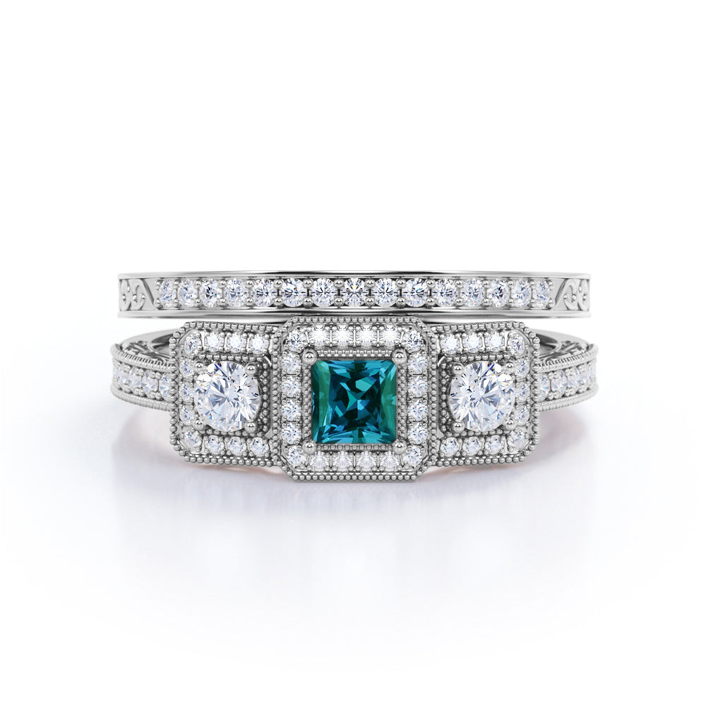 Eccentric 1.75 carat Princess cut Alexandrite and diamond triple halo engagement ring with filigree diamond wedding band- Bridal set in White gold
