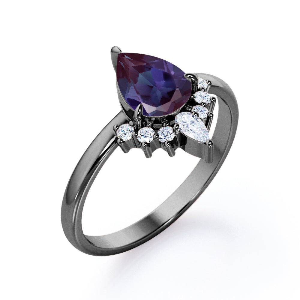 Elegant tiara 1.15 carat Pear shaped Lab made Alexandrite and diamond 3 prong engagement ring in White gold