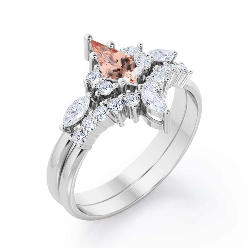 Vintage Crown 1.5 carat Kite shaped Peach Morganite and diamond Chevron tiara wedding ring set in Rose gold