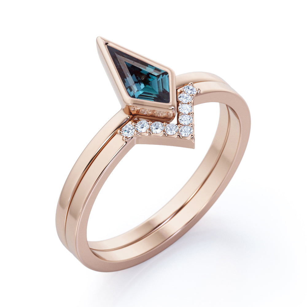 Matching Chevron Bezel 1.15 carat Kite shaped Synthetic Alexandrite and diamond solitaire wedding ring set in White gold