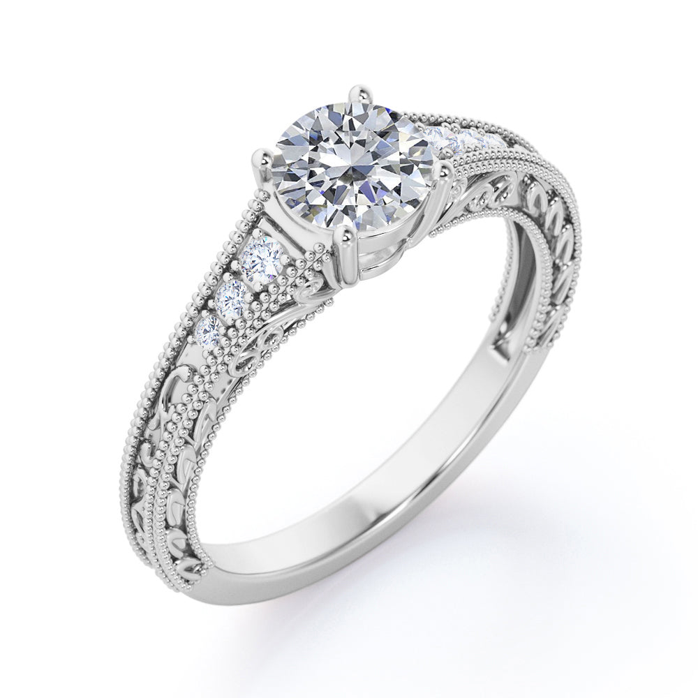 Vintage Tapered style 1.1 carat Round cut Moissanite and diamond Edwardian filigree engagement ring in rose gold