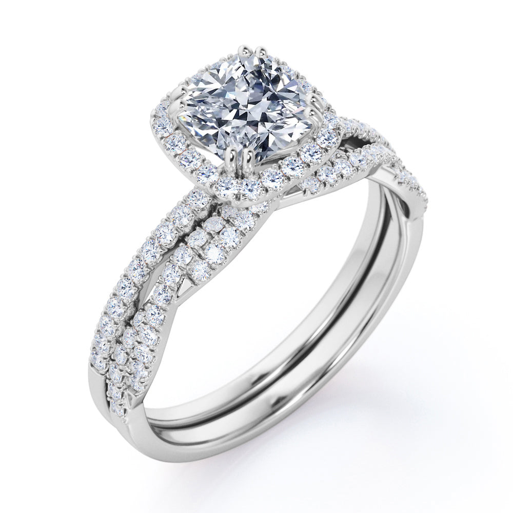 Elegant 1.65 carat Cushion cut Moissanite and diamond art deco wedding ring set for women in gold