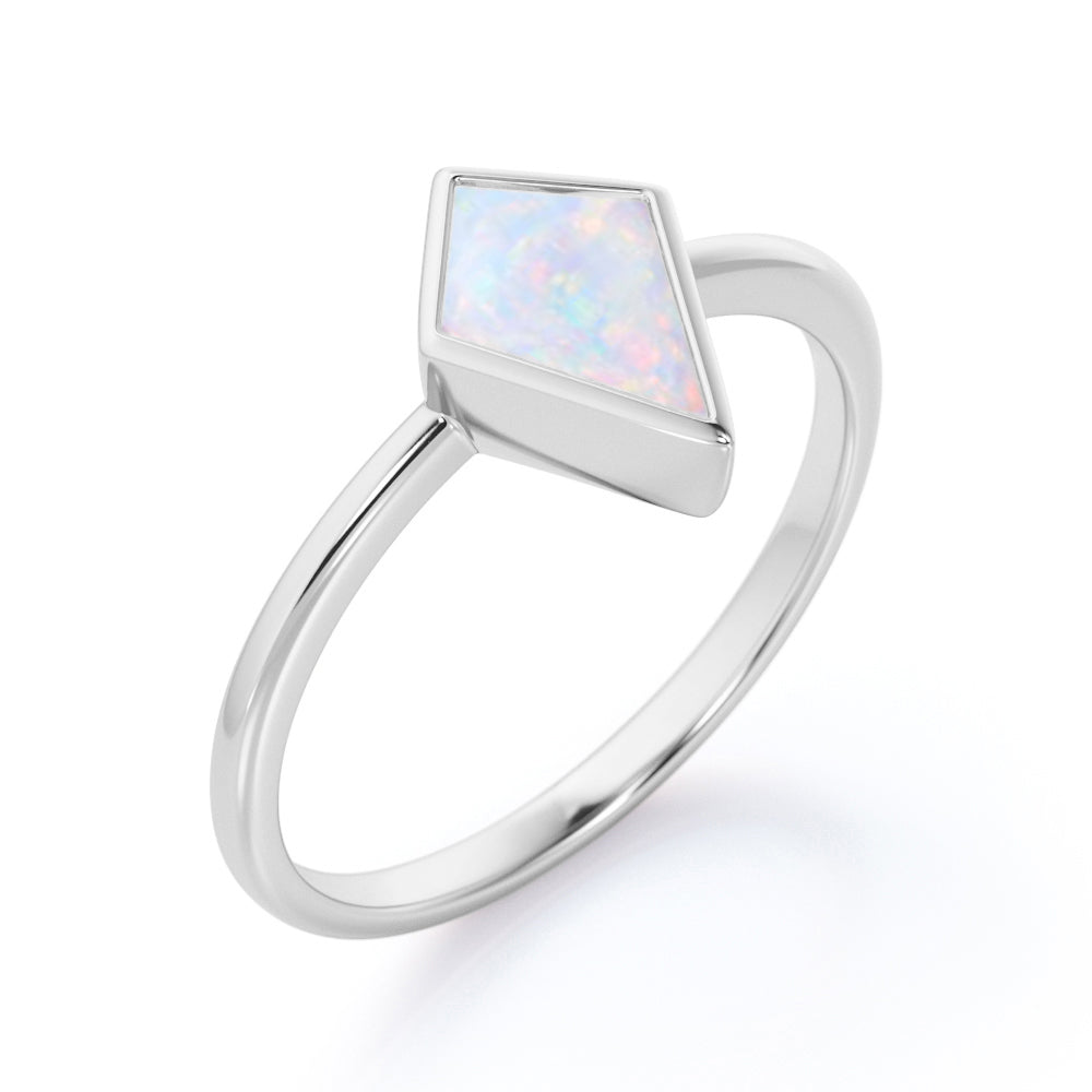 Solitaire Bezel 1 carat Kite shaped Ethiopian Welo Opal tapered shank engagement ring in Rose gold
