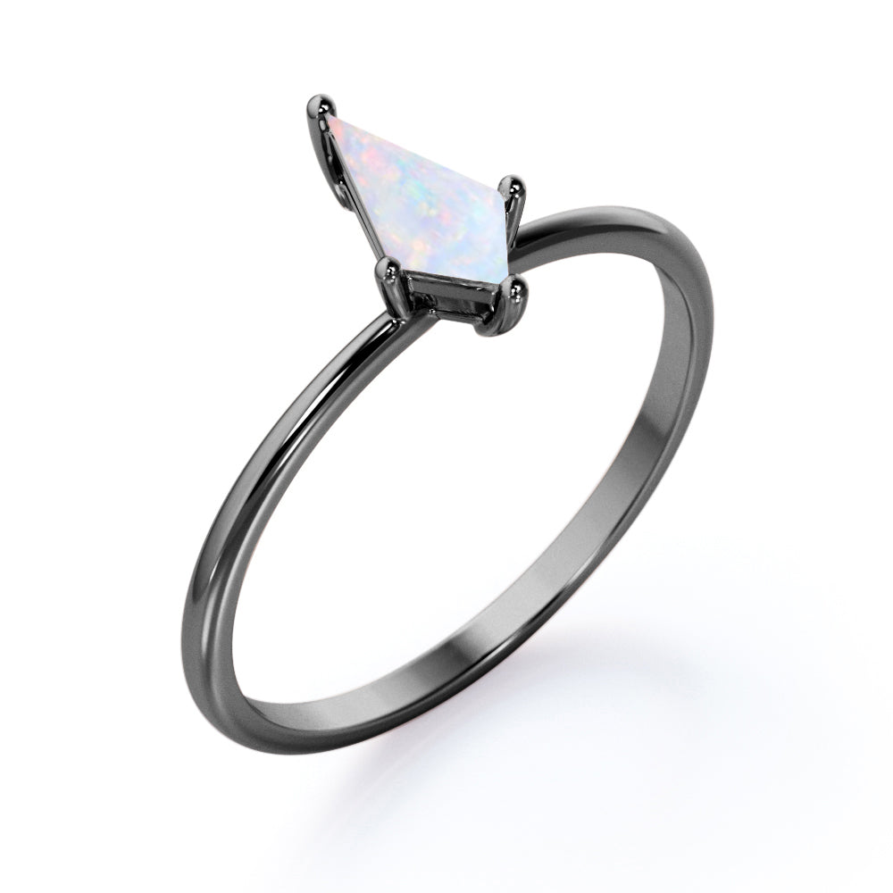 Dainty style 1 carat Kite shaped Ethiopian Opal and diamond 4 prong engagement ring in White gold