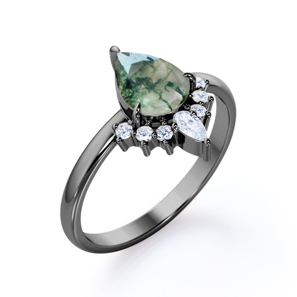 Royal Tiara style 1.15 carat Pear cut Moss Green Agate and diamond engagement ring in White gold